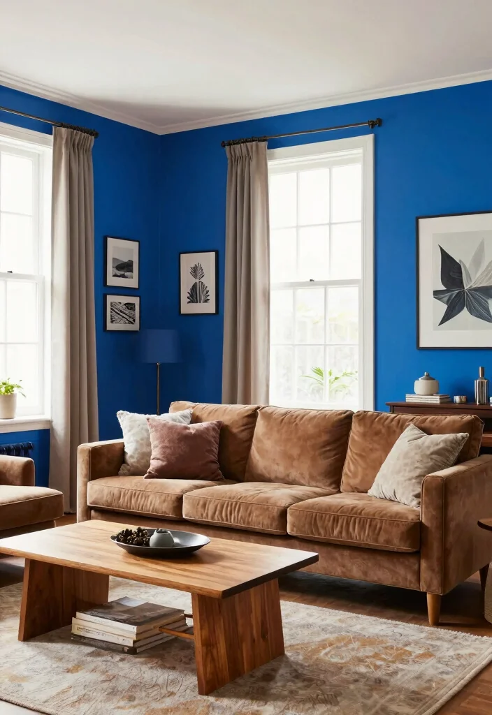 12 Brown and Blue Living Room Ideas with Rich Contrast 11. Bold Blue Walls with Brown Furnishings 0