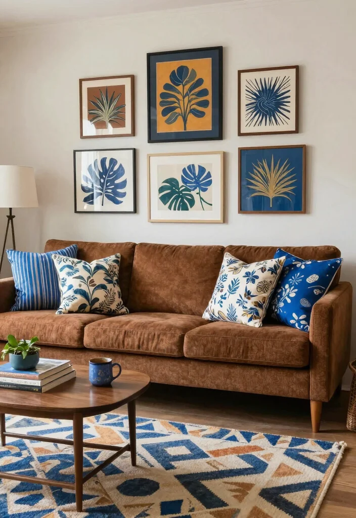 12 Brown and Blue Living Room Ideas with Rich Contrast 12. Eclectic Mix of Patterns in Brown and Blue 0