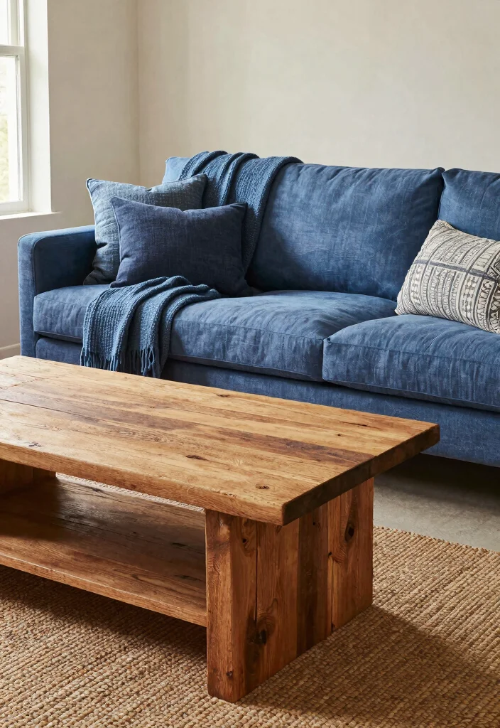 12 Brown and Blue Living Room Ideas with Rich Contrast 2. Rustic Brown Wood and Cool Blue Textiles 0