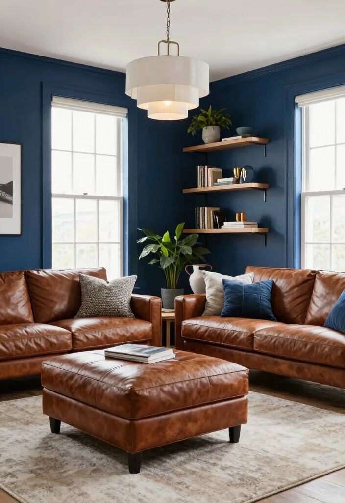 12 Brown and Blue Living Room Ideas with Rich Contrast 3. Navy Blue Walls with Rustic Brown Accents 0