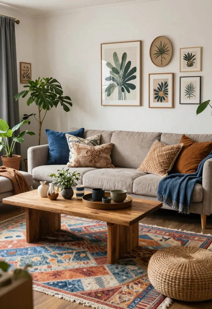 12 Brown and Blue Living Room Ideas with Rich Contrast 4. Cozy Brown and Blue Bohemian Vibes 0
