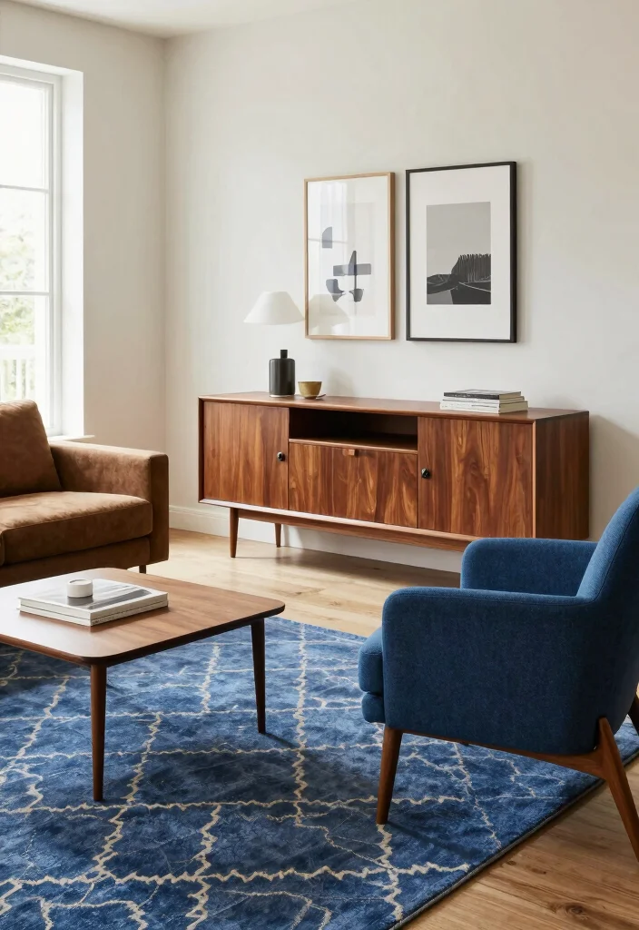 12 Brown and Blue Living Room Ideas with Rich Contrast 5. Mid century Modern with Bold Brown and Blue 0