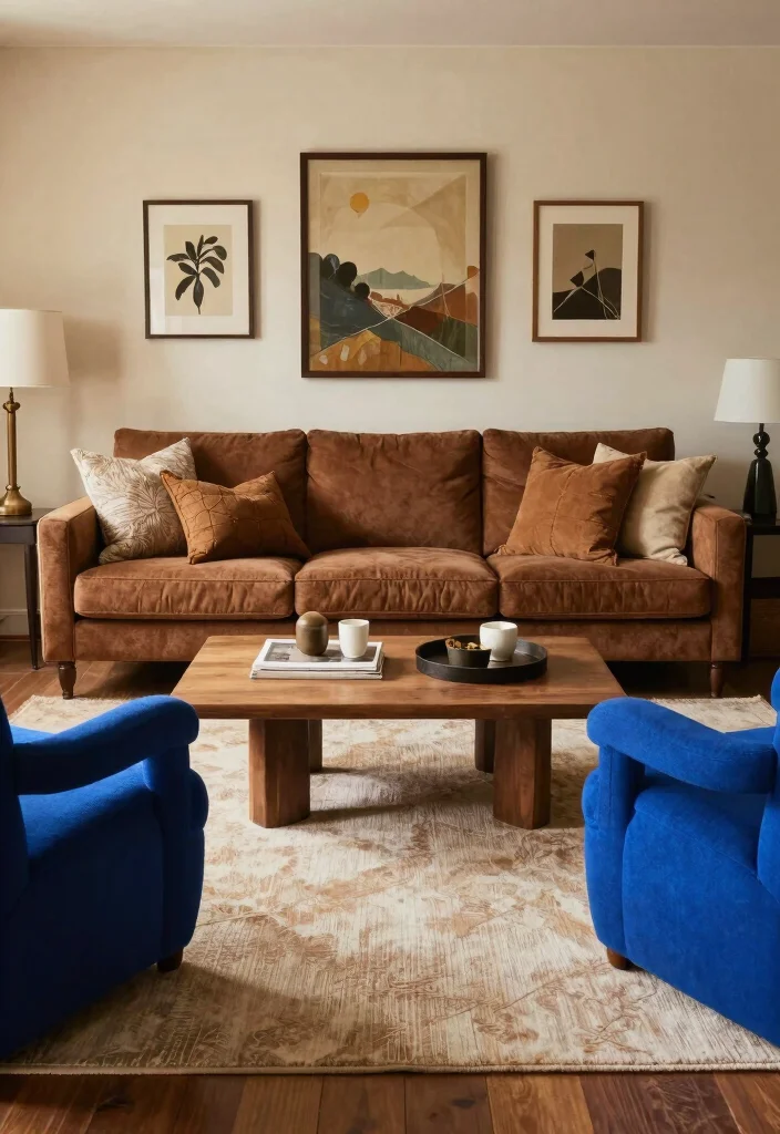 12 Brown and Blue Living Room Ideas with Rich Contrast 6. Comfy Brown Sofa with Blue Statement Chairs 0