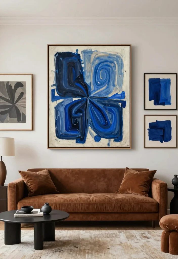 12 Brown and Blue Living Room Ideas with Rich Contrast 8. Artistic Accents in Brown and Blue 0