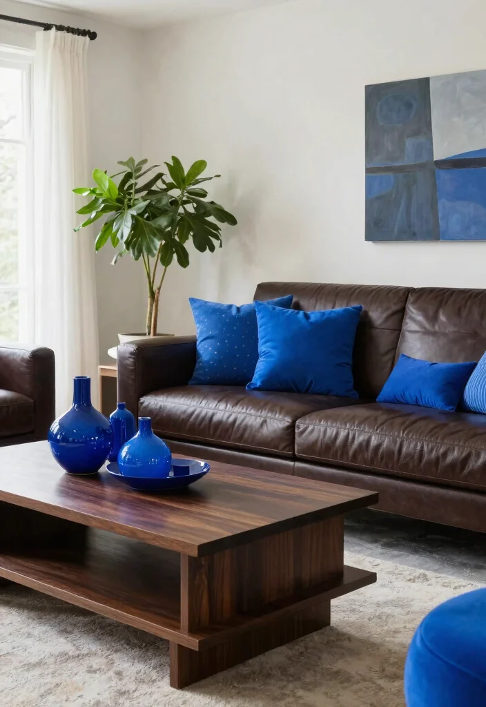 12 Brown and Blue Living Room Ideas with Rich Contrast 9. Bright Blue Accessories Against Dark Brown Furniture 0