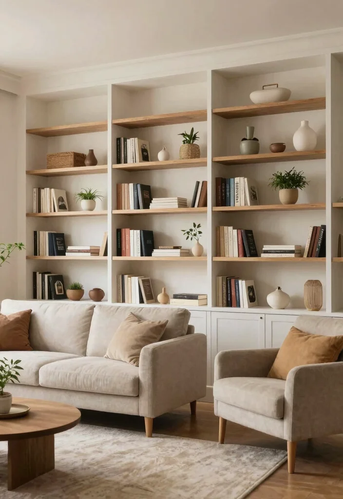 12 Cottage Living Room Ideas with Soft Cozy Charm 10. Utilize Open Shelving 0
