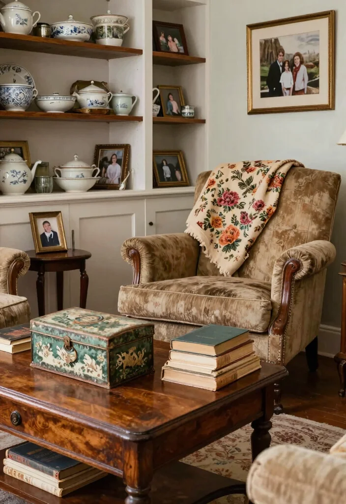 12 Cottage Living Room Ideas with Soft Cozy Charm 5. Utilize Vintage Finds 0