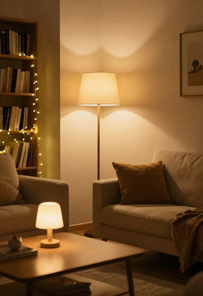 12 Cottage Living Room Ideas with Soft Cozy Charm 6. Layer Soft Lighting 0