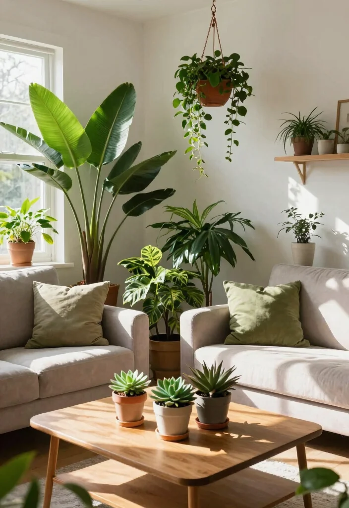 12 Cottage Living Room Ideas with Soft Cozy Charm 8. Integrate Nature with Houseplants 0