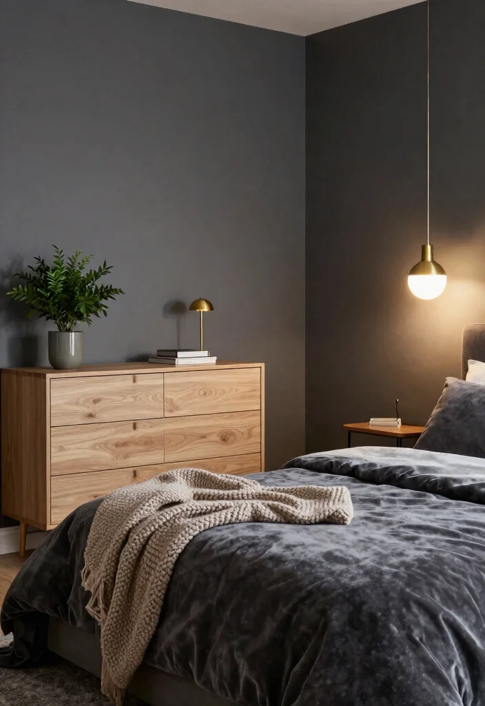 12 Dark Bedroom Ideas That Feel Cozy and Intentional 1. Deep Charcoal Elegance 0