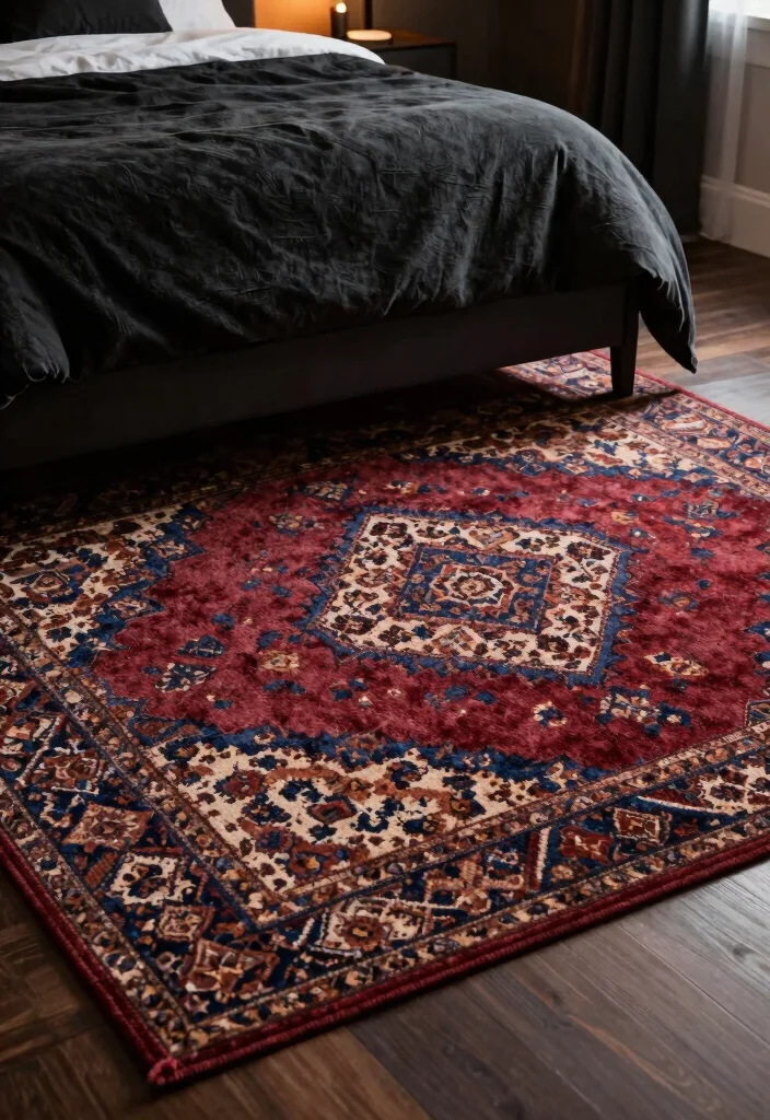 12 Dark Bedroom Ideas That Feel Cozy and Intentional 11. Elegant Area Rugs 0