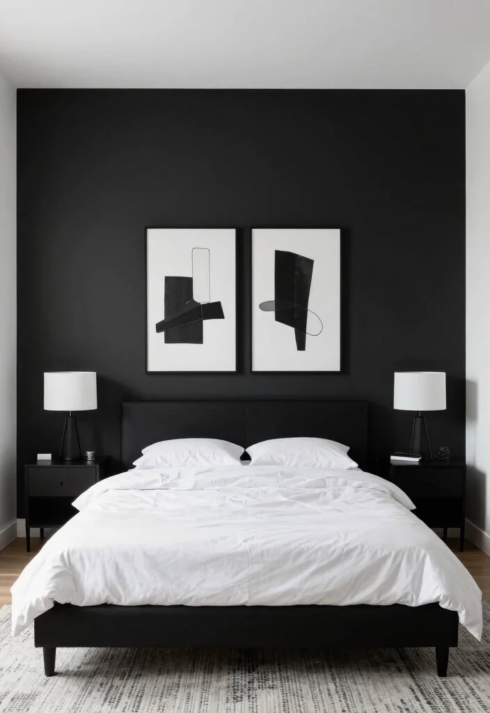 12 Dark Bedroom Ideas That Feel Cozy and Intentional 4. Minimalist Black and White 0