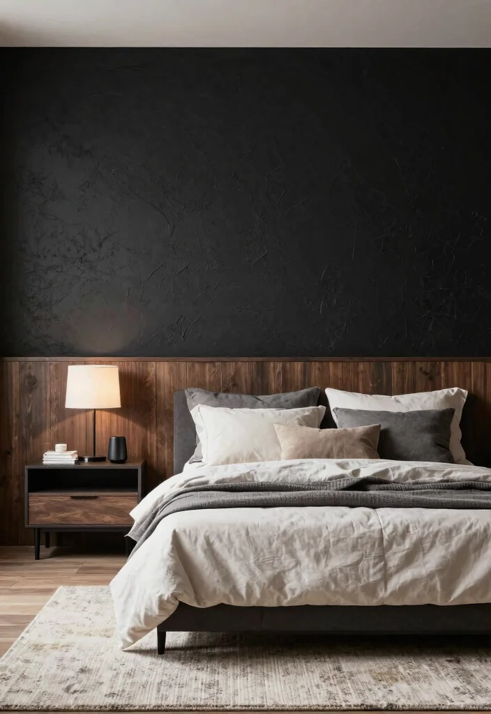 12 Dark Bedroom Ideas That Feel Cozy and Intentional 6. Textured Black Accent Walls 0