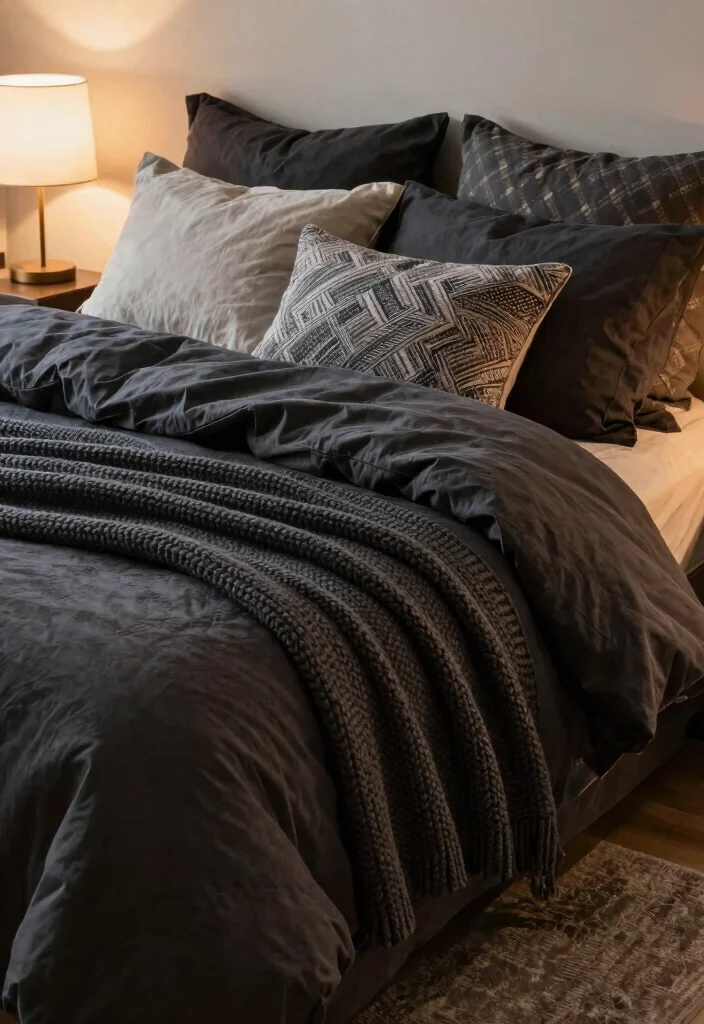 12 Dark Bedroom Ideas That Feel Cozy and Intentional 7. Cozy Layered Bedding 0