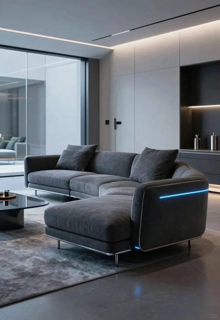 12 Dark Gray Sofa Living Room Ideas with Modern Depth 11. Futuristic Flair 0