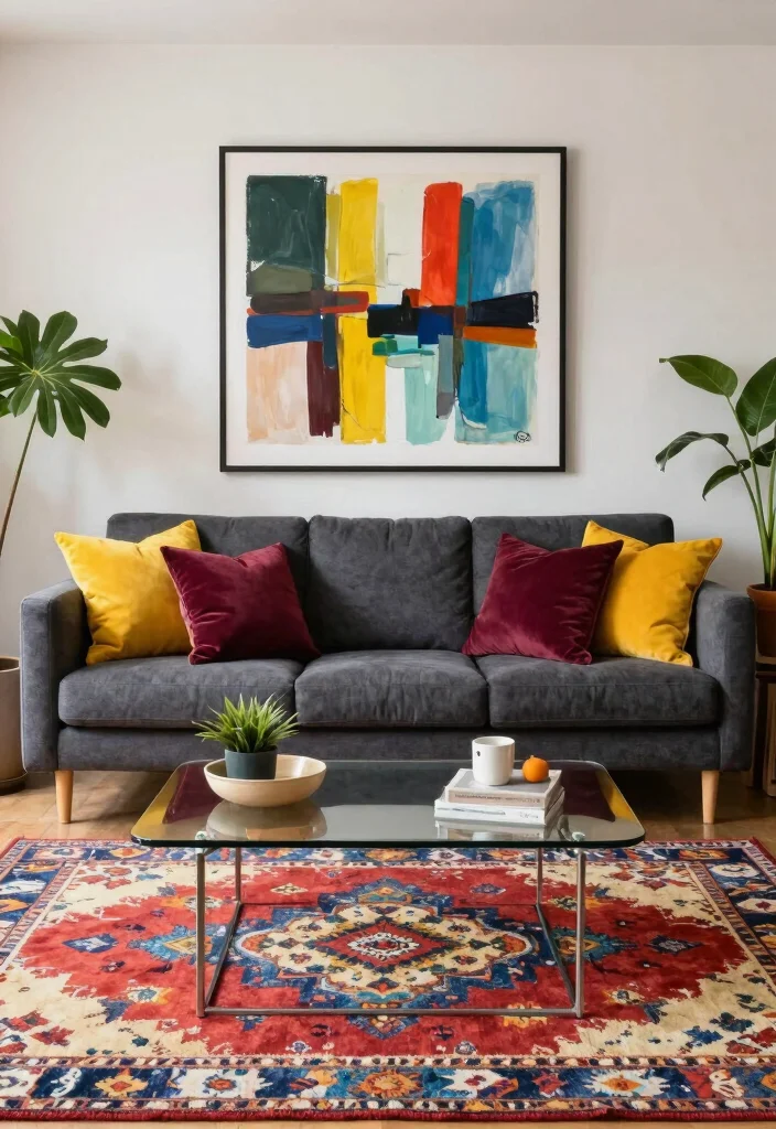 12 Dark Gray Sofa Living Room Ideas with Modern Depth 2. Bold Color Accents 0
