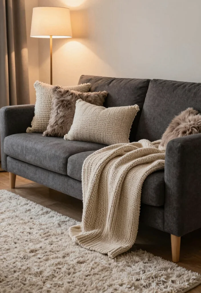 12 Dark Gray Sofa Living Room Ideas with Modern Depth 3. Cozy Textures 0