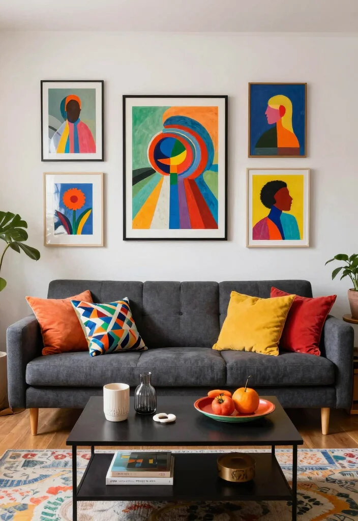 12 Dark Gray Sofa Living Room Ideas with Modern Depth 7. Artistic Flair 0