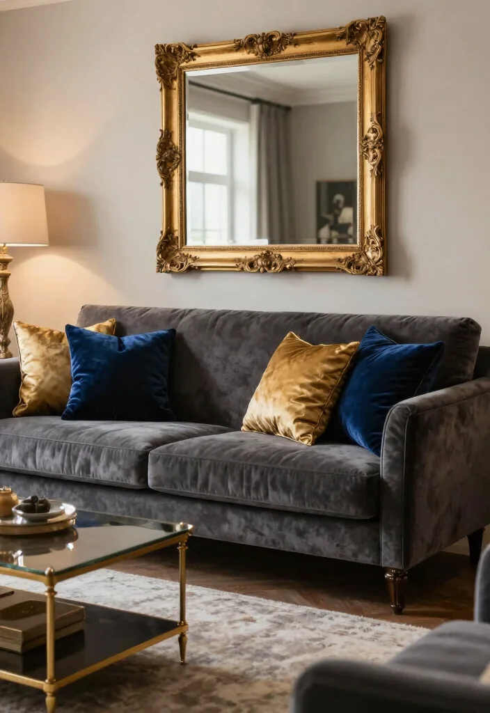 12 Dark Gray Sofa Living Room Ideas with Modern Depth 8. Luxe Accents 0