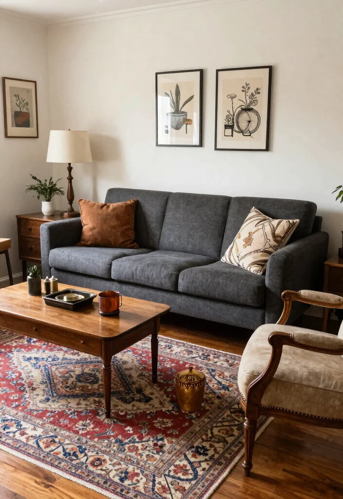 12 Dark Gray Sofa Living Room Ideas with Modern Depth 9. Vintage Charm 0