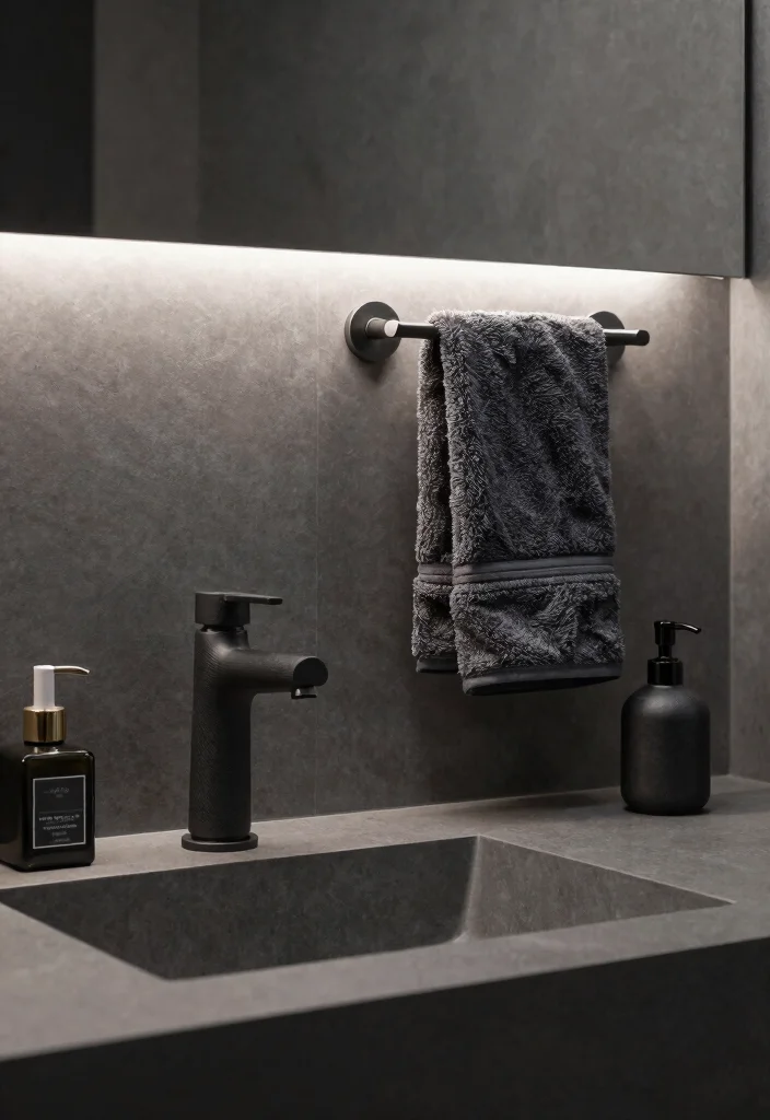 12 Dark Grey Bathroom Ideas with a Bold Modern Mood 12. Unique Fixtures and Accessories 0