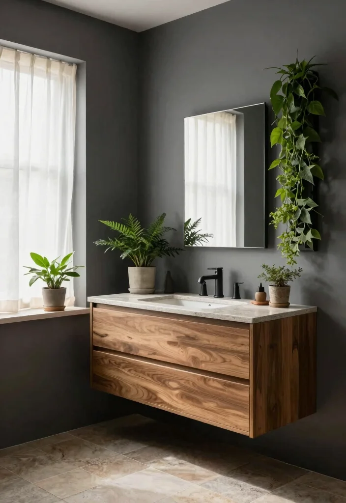 12 Dark Grey Bathroom Ideas with a Bold Modern Mood 3. Natural Elements 0