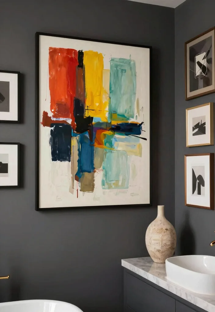 12 Dark Grey Bathroom Ideas with a Bold Modern Mood 8. Bold Artwork and Decor 0