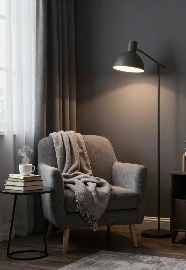 12 Dark Grey Bedroom Ideas with a Modern Edge 12. Cozy Reading Nook 0