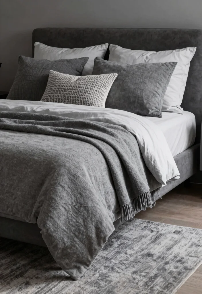 12 Dark Grey Bedroom Ideas with a Modern Edge 7. Monochromatic Accessories 0