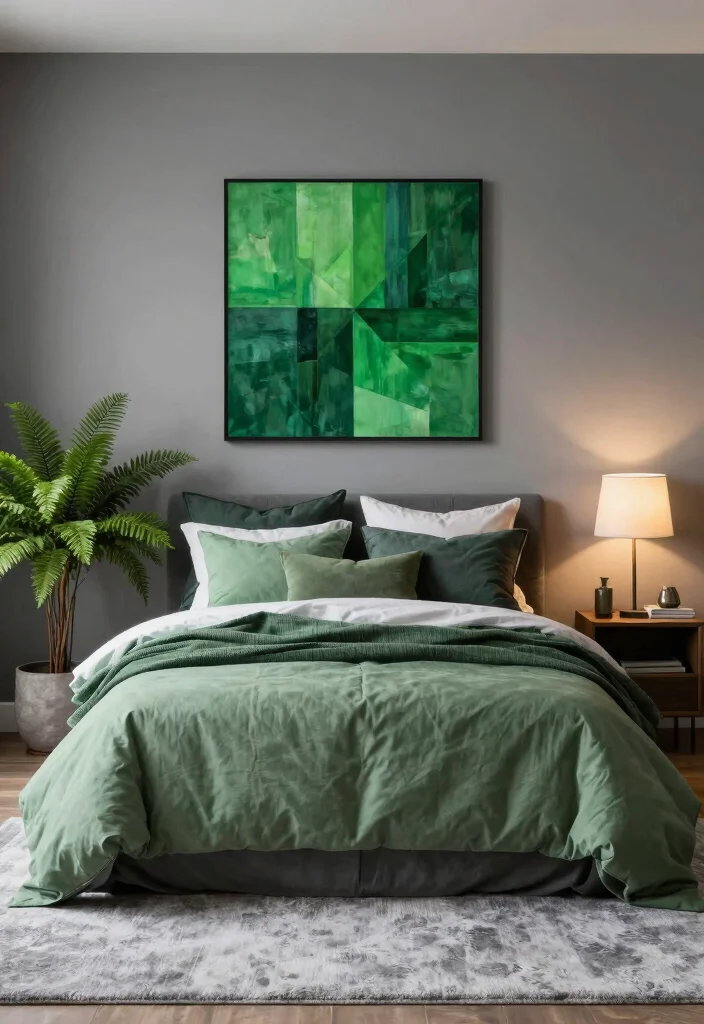 12 Gray and Green Bedroom Ideas That Feel Balanced and Fresh 1. Lush Green Accents Against a Gray Backdrop 0