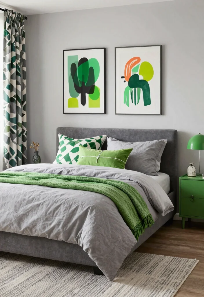12 Gray and Green Bedroom Ideas That Feel Balanced and Fresh 10. Playful Gray and Green Accessories 0