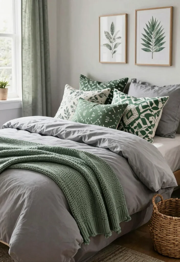 12 Gray and Green Bedroom Ideas That Feel Balanced and Fresh 2. Nature Inspired Textiles for a Cozy Retreat 0