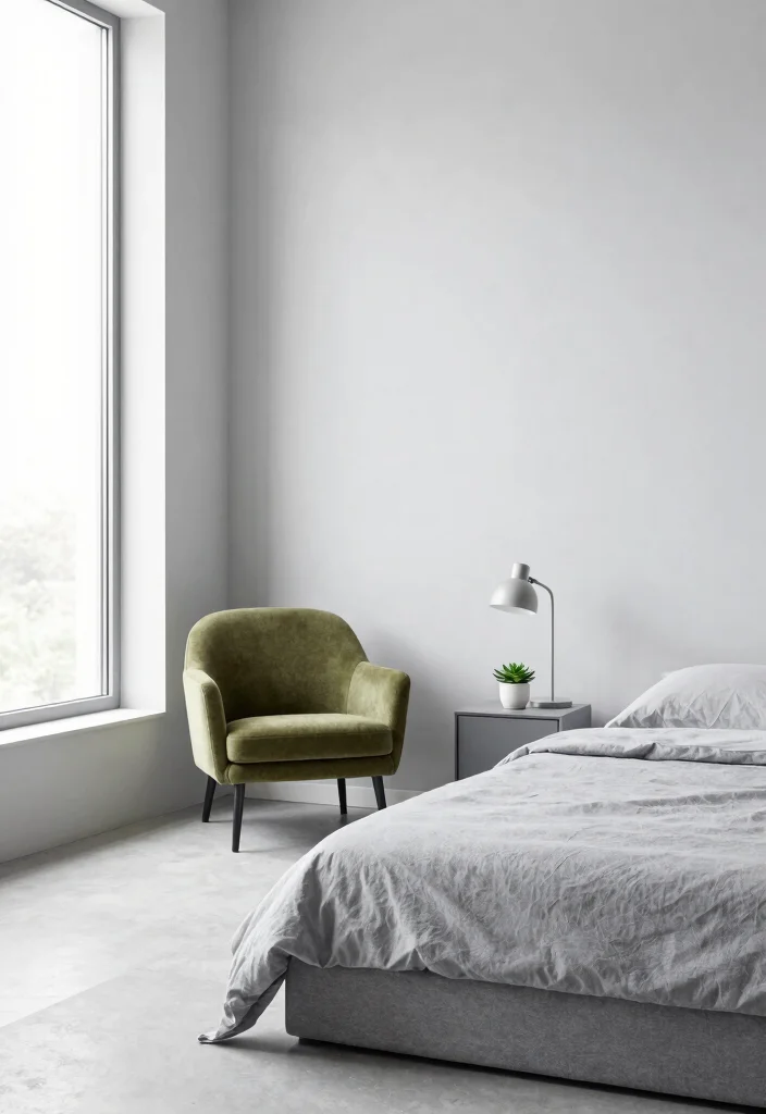 12 Gray and Green Bedroom Ideas That Feel Balanced and Fresh 3. Minimalist Gray and Green Design 0