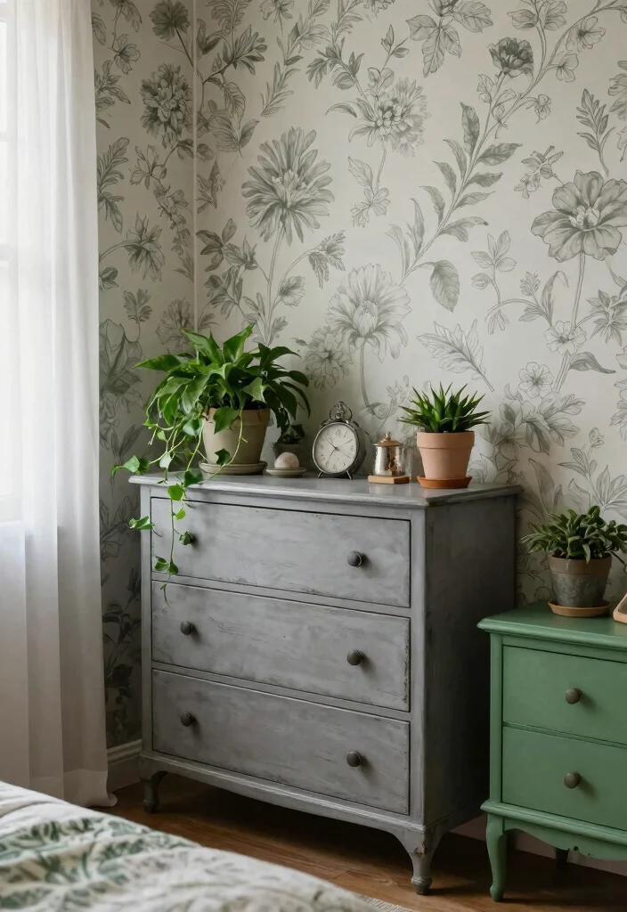 12 Gray and Green Bedroom Ideas That Feel Balanced and Fresh 4. Vintage Charm with Gray and Green 0