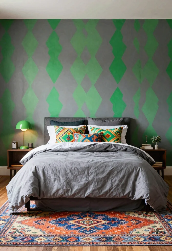 12 Gray and Green Bedroom Ideas That Feel Balanced and Fresh 5. Bold Gray and Green Patterns 0