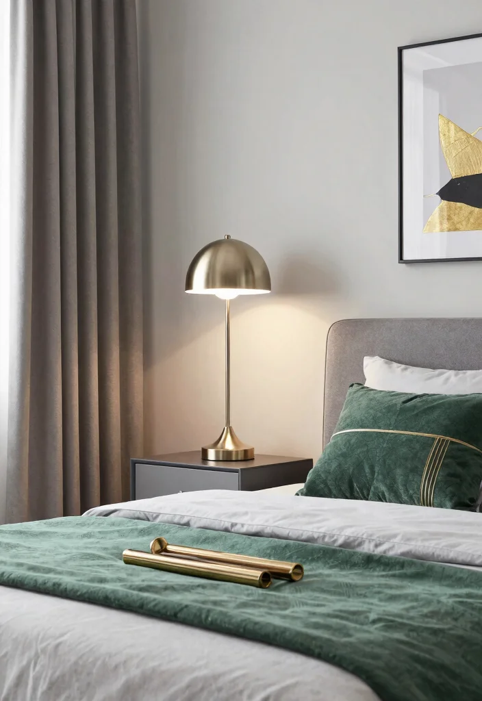 12 Gray and Green Bedroom Ideas That Feel Balanced and Fresh 8. Gray and Green with Metallic Accents 0