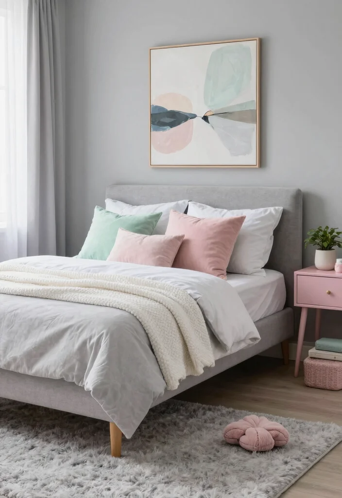 12 Grey Bedroom Ideas with a Pop of Color That Works 1. Playful Pastels 0