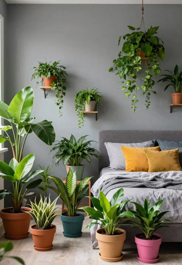12 Grey Bedroom Ideas with a Pop of Color That Works 10. Indoor Plants 0