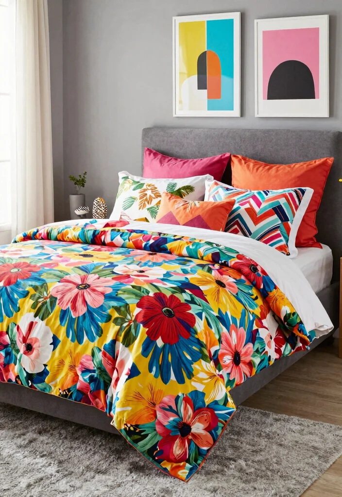 12 Grey Bedroom Ideas with a Pop of Color That Works 4. Vibrant Bedding Options 0