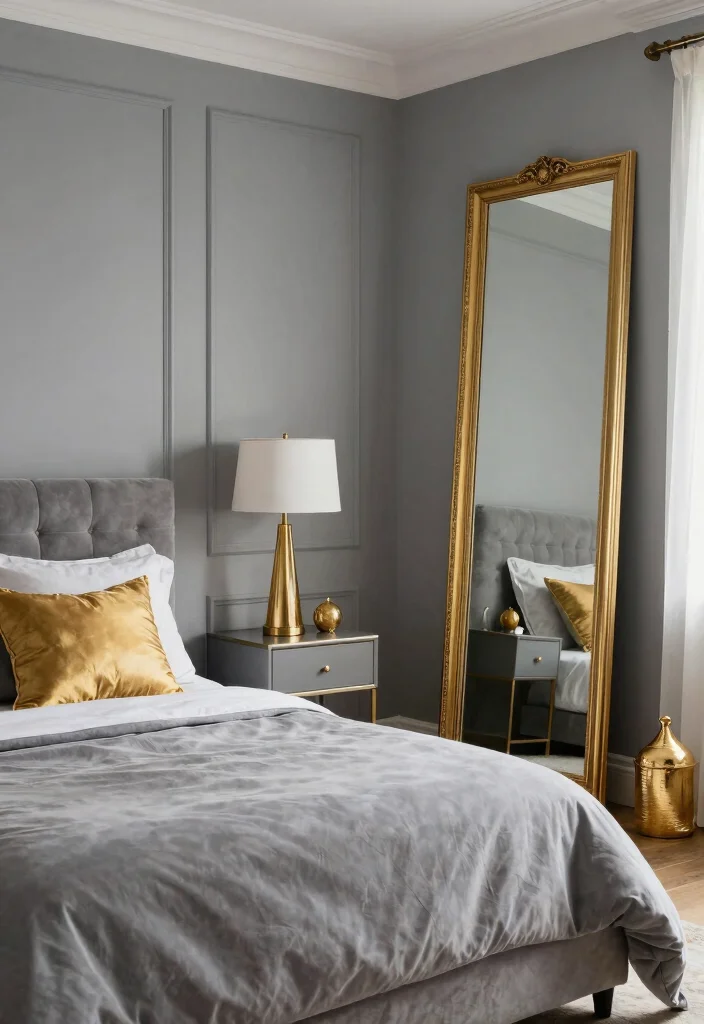 12 Grey Bedroom Ideas with a Pop of Color That Works 5. Accents of Gold 0
