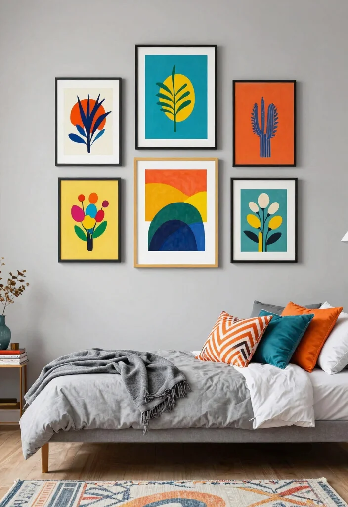12 Grey Bedroom Ideas with a Pop of Color That Works 7. Colorful Artwork 0
