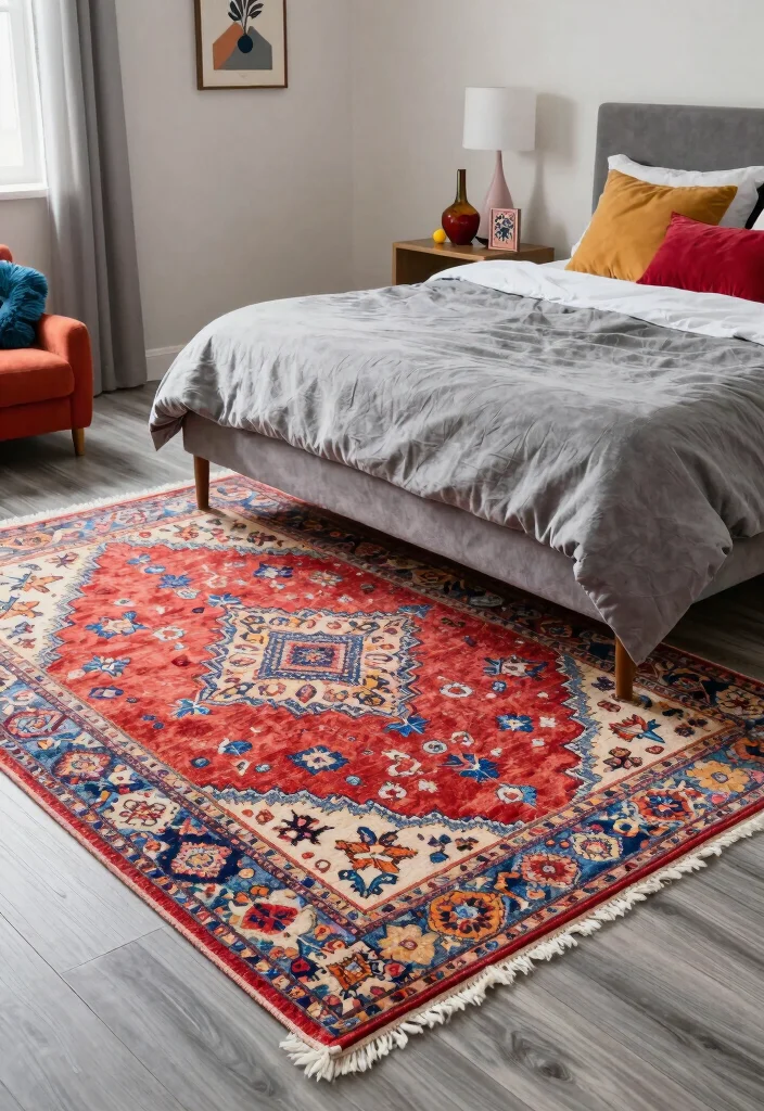 12 Grey Bedroom Ideas with a Pop of Color That Works 9. Statement Rugs 0