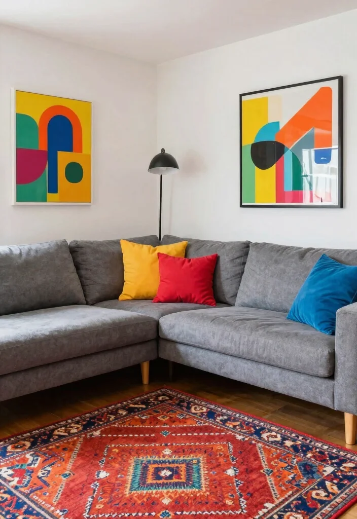 12 Grey Sectional Living Room Ideas for Cozy Layouts 12. Bold Accents with Grey Sectionals 0