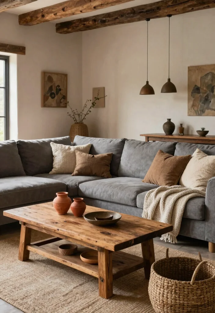 12 Grey Sectional Living Room Ideas for Cozy Layouts 3. Rustic Charm with Grey Sectionals 0