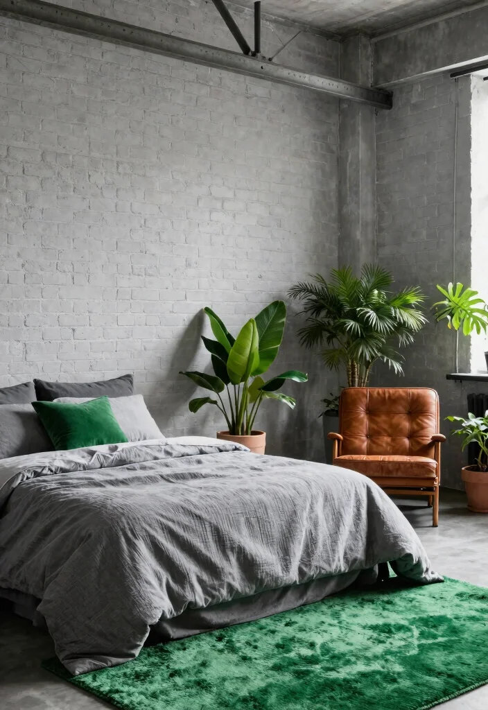12 Grey and Green Bedroom Ideas That Feel Calm and Natural 2. Industrial Chic with Green Accents 0
