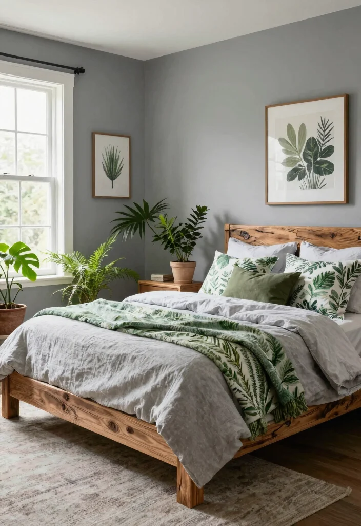 12 Grey and Green Bedroom Ideas That Feel Calm and Natural 3. Nature Inspired Decor 0