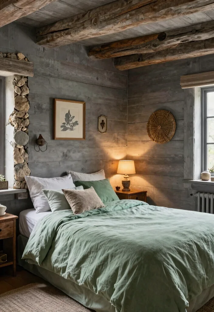 12 Grey and Green Bedroom Ideas That Feel Calm and Natural 6. Rustic Charm 0