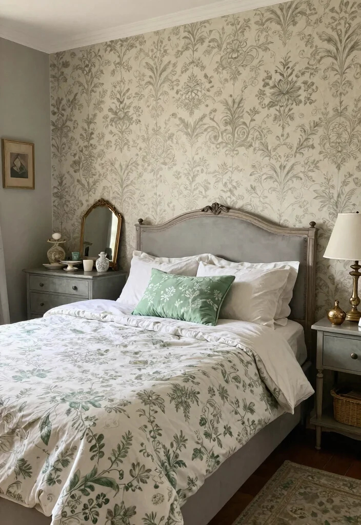 12 Grey and Green Bedroom Ideas That Feel Calm and Natural 8. Vintage Green Touches 0