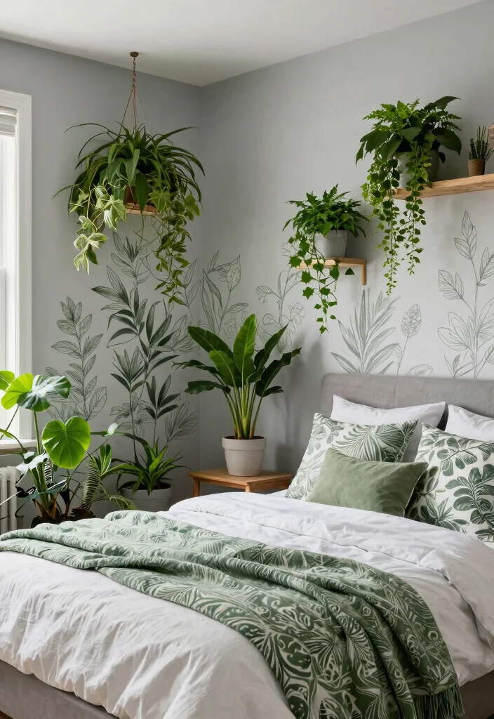 12 Grey and Green Bedroom Ideas That Feel Calm and Natural 9. Botanical Oasis 0