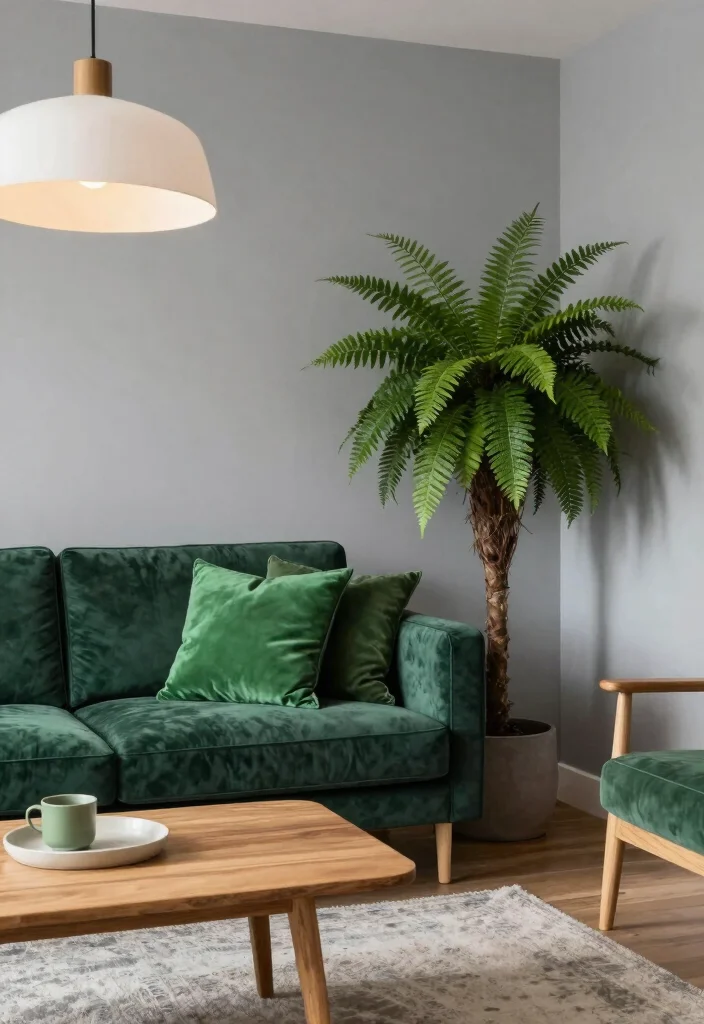 12 Grey and Green Living Room Ideas That Feel Fresh and Calm 1. Soft Grey Walls with Lush Green Accents 0